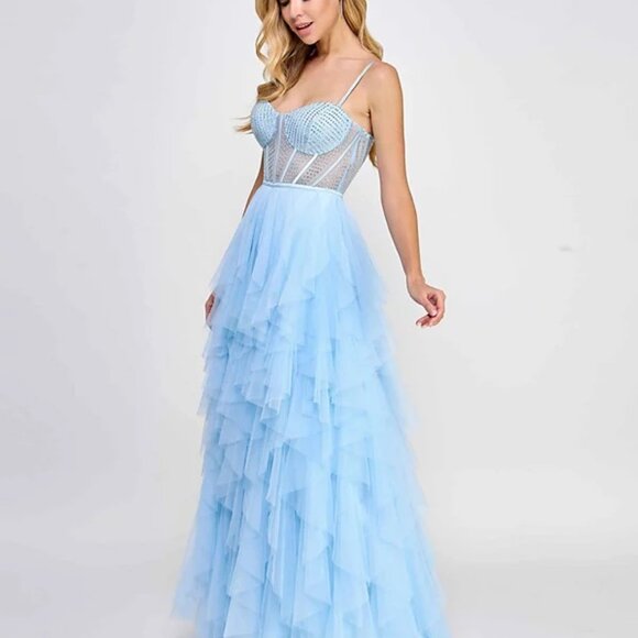 Say Yes Juniors' Rhinestone-Embellished Bustier Ball Gown Powder Blue Size 3/4 - Picture 3 of 5